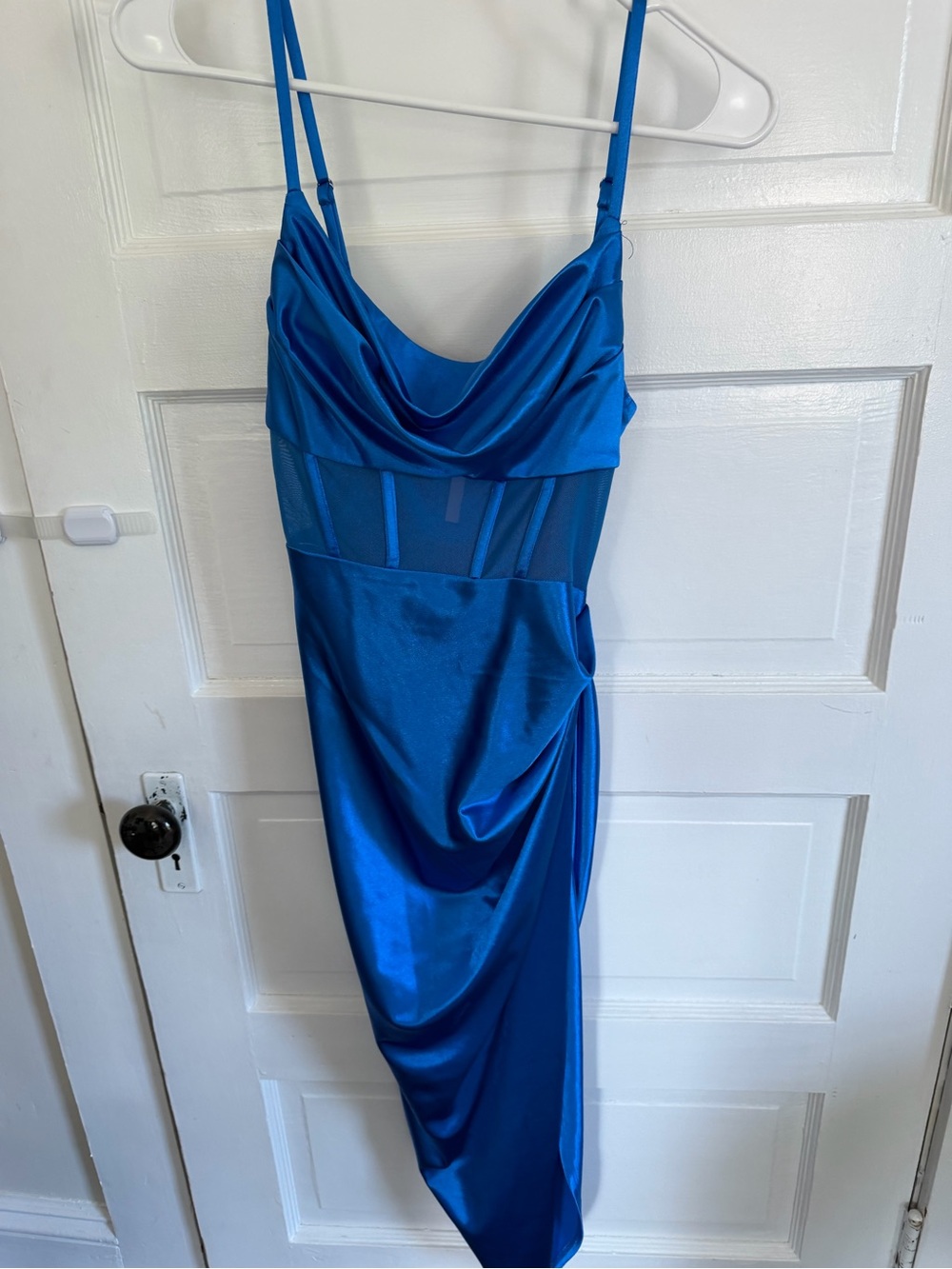 NWT Beginning Boutique Electric Blue Satin Cowl Neck Midi Dress AU 6